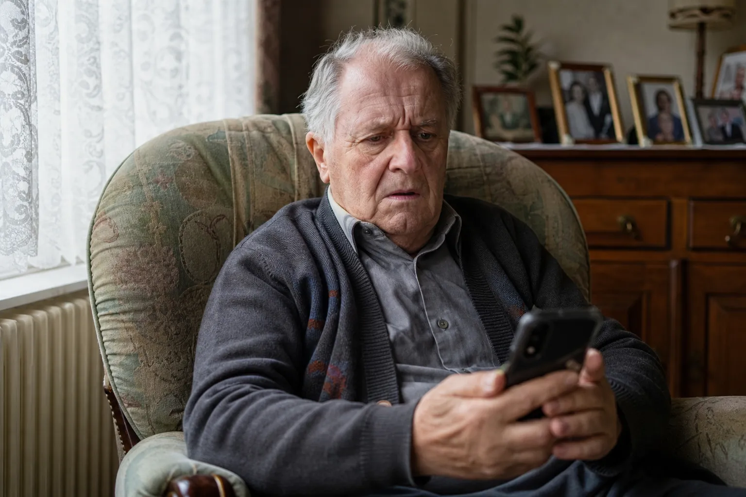 Un homme âgé assis dans son salon tient son téléphone et semble hésiter avant de répondre à un message.