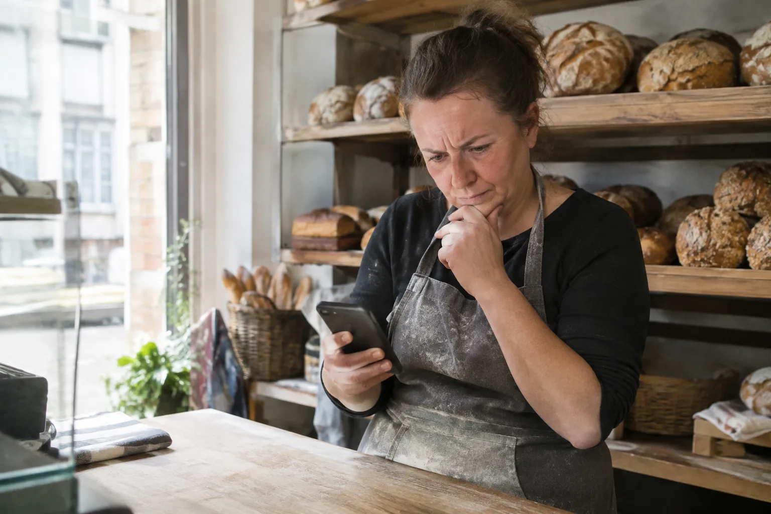Une boulangère d'une quarantaine d'années lit un message sur son smartphone, derrière le comptoir de sa boutique, l'air contrarié.