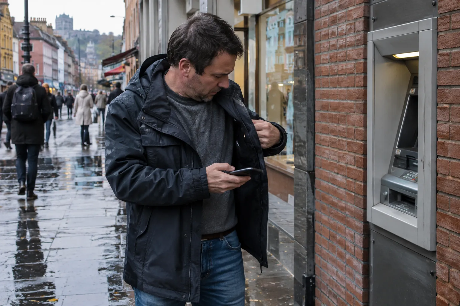Un homme d'une quarantaine d'années fouille la poche de sa veste devant un distributeur de billets, dans une rue commerçante de Liège.