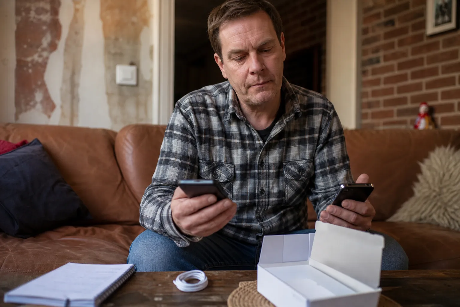 Un homme d'une quarantaine d'années tient un smartphone neuf et son ancien téléphone côte à côte, assis dans son salon.