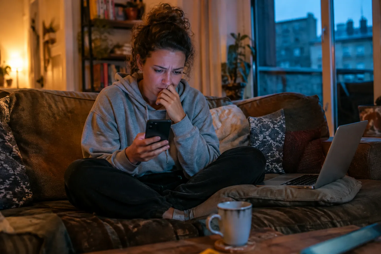 Une jeune femme, l'air inquiet, regarde son smartphone assise sur le canapé de son salon, un ordinateur portable ouvert à côté d'elle.