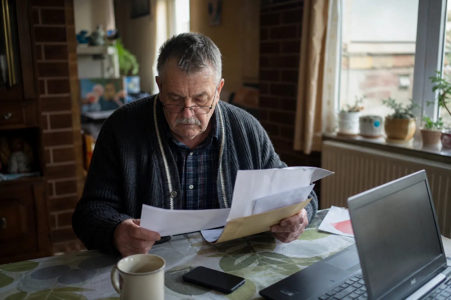 Un homme d'une soixantaine d'années relit des documents fiscaux papier à côté de son ordinateur portable, sur la table de sa salle à manger.