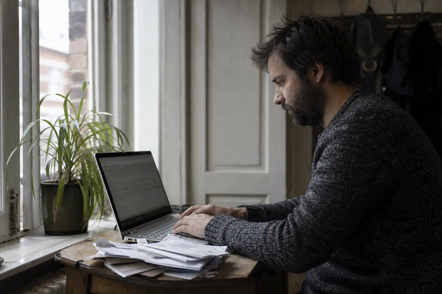 Un homme trentenaire consulte un document sur son ordinateur portable, à côté d'une pile de courrier papier, dans un appartement bruxellois.