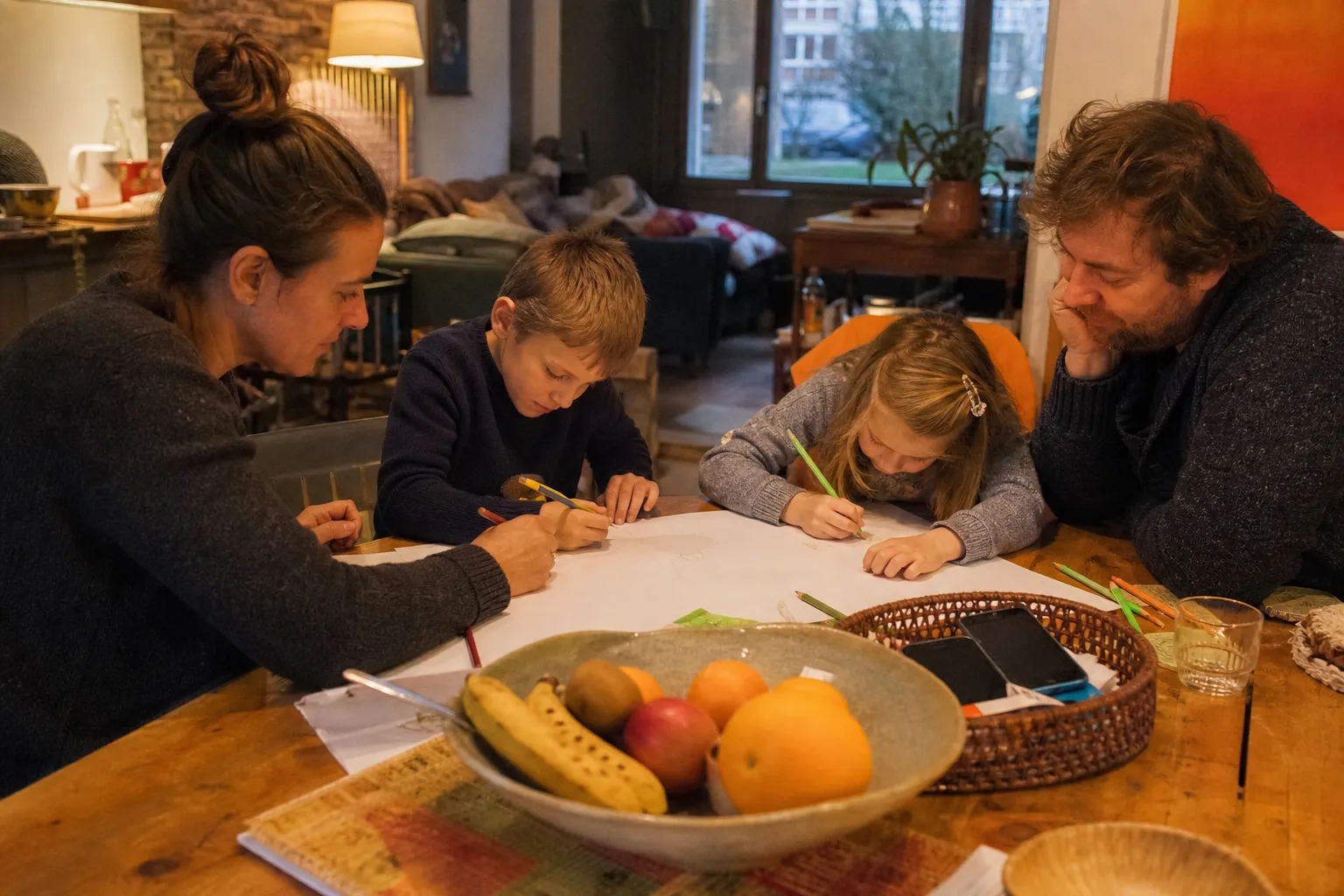 Une famille avec deux enfants discute autour de la table de la salle à manger, une feuille de papier et des crayons devant eux.