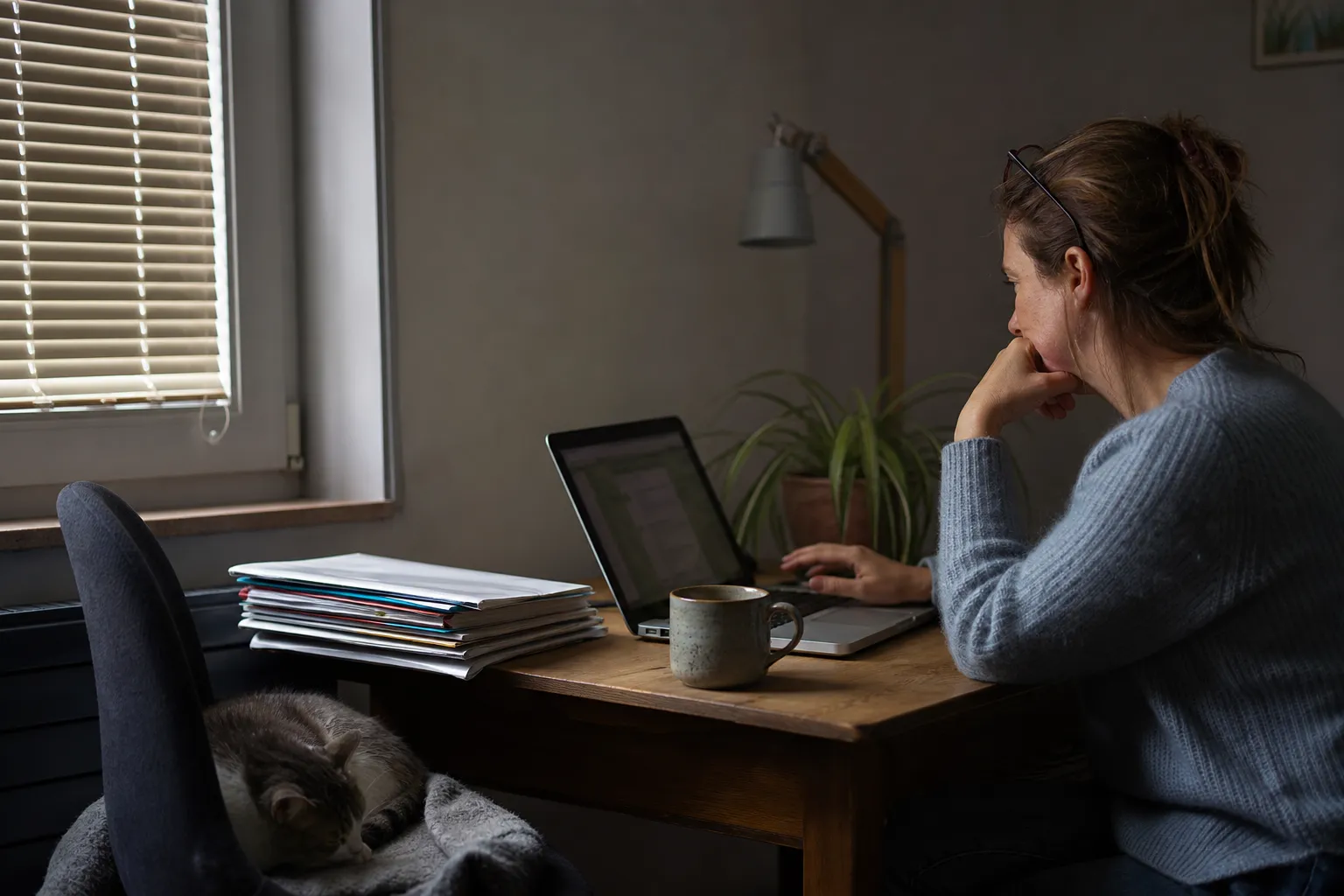Une graphiste indépendante vérifie une facture sur son ordinateur portable dans son petit bureau à domicile.