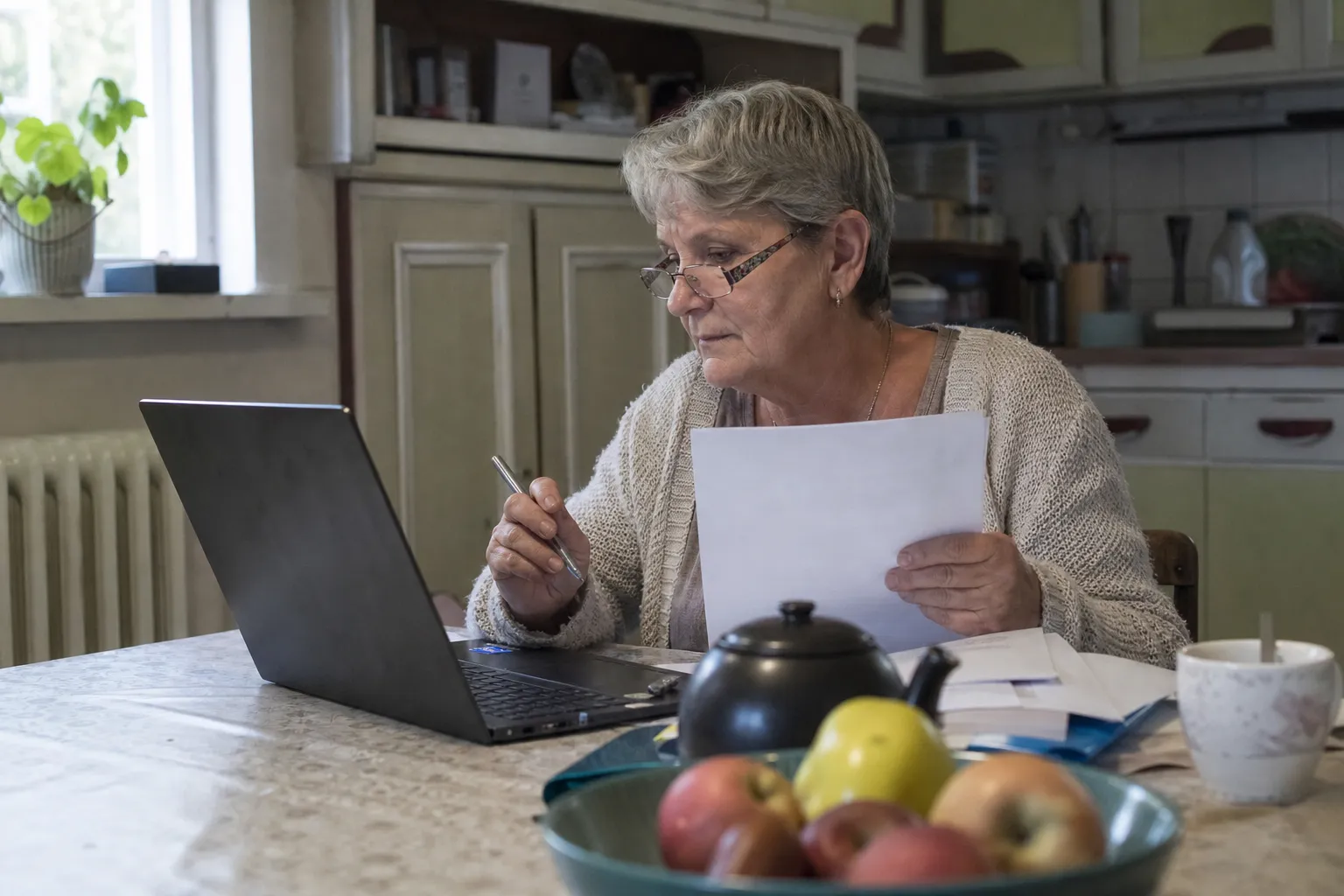 Une femme d'une soixantaine d'années relit une lettre imprimée devant un ordinateur portable, à la table de sa cuisine à Namur.
