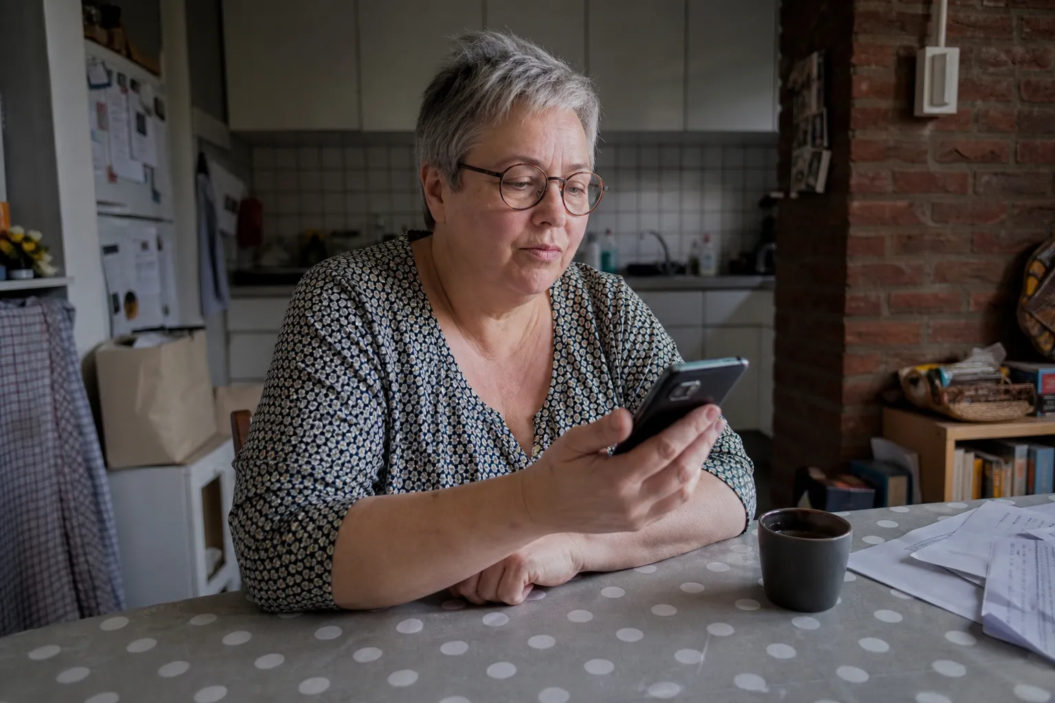 Une femme d'une cinquantaine d'années confirme une connexion sur son smartphone, assise à la table de sa cuisine.