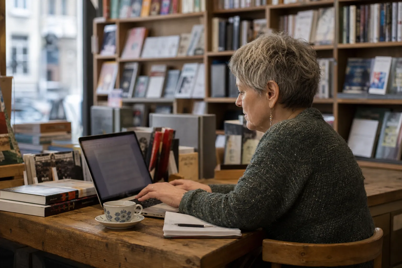 Une libraire rédige un message sur son ordinateur portable à la caisse de sa boutique, entre deux clients.