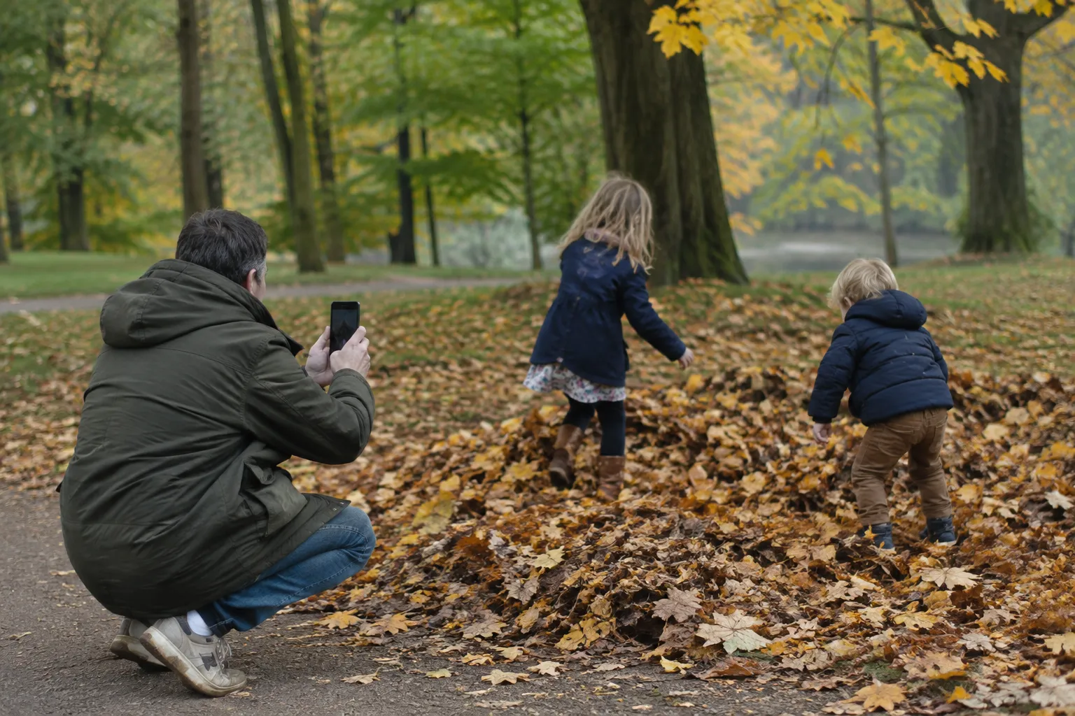 Un père photographie avec son smartphone ses deux enfants qui jouent dans les feuilles mortes d'un parc, par un après-midi d'automne.