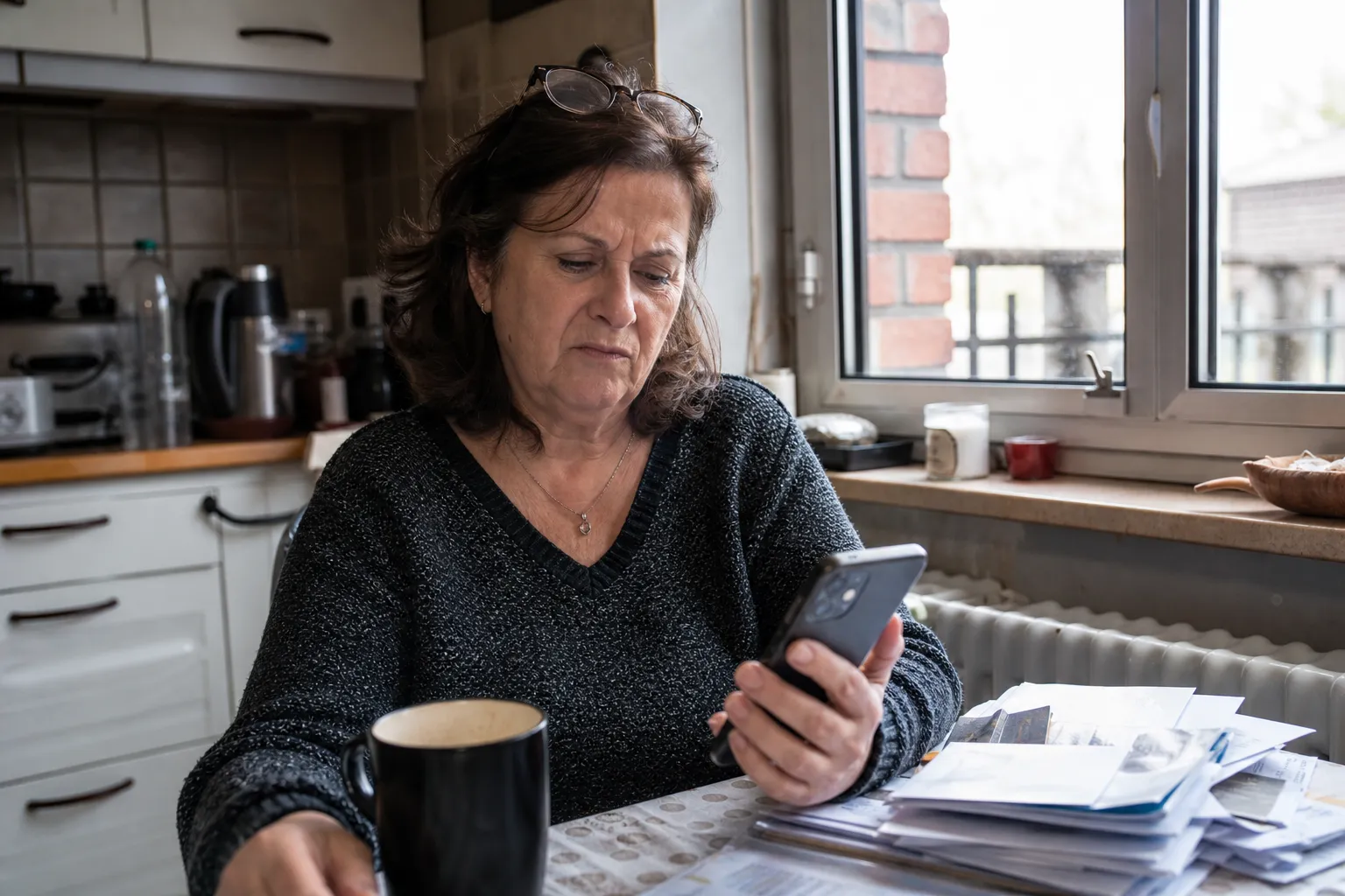 Une femme d'une cinquantaine d'années regarde son smartphone d'un air méfiant, assise à la table de sa cuisine.