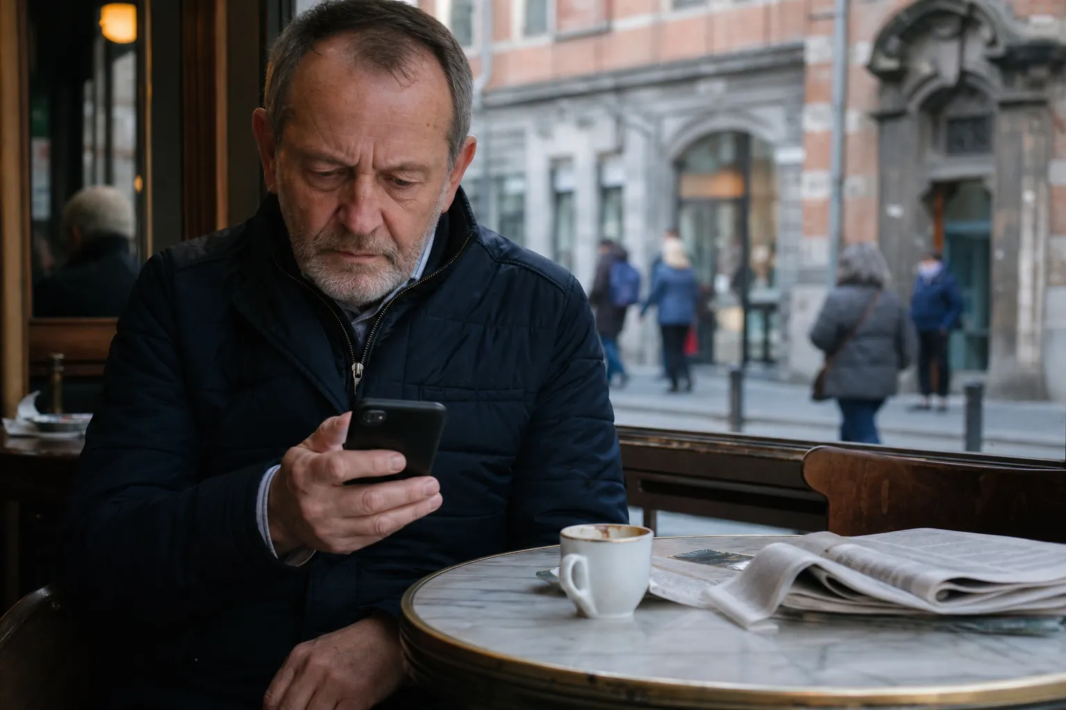 Un homme d'une soixantaine d'années regarde son smartphone d'un air perplexe, assis à la fenêtre d'un café de Mons.